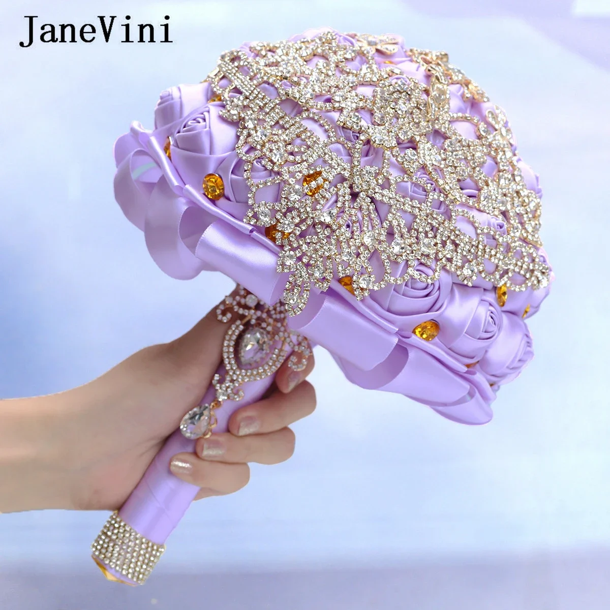 

JaneVini Luxury Purple Bride Bouquet Flowers Wedding Bridal Luxury Royal Gold Beaded Crystal Fake Roses Wedding Bouquets Jewelry