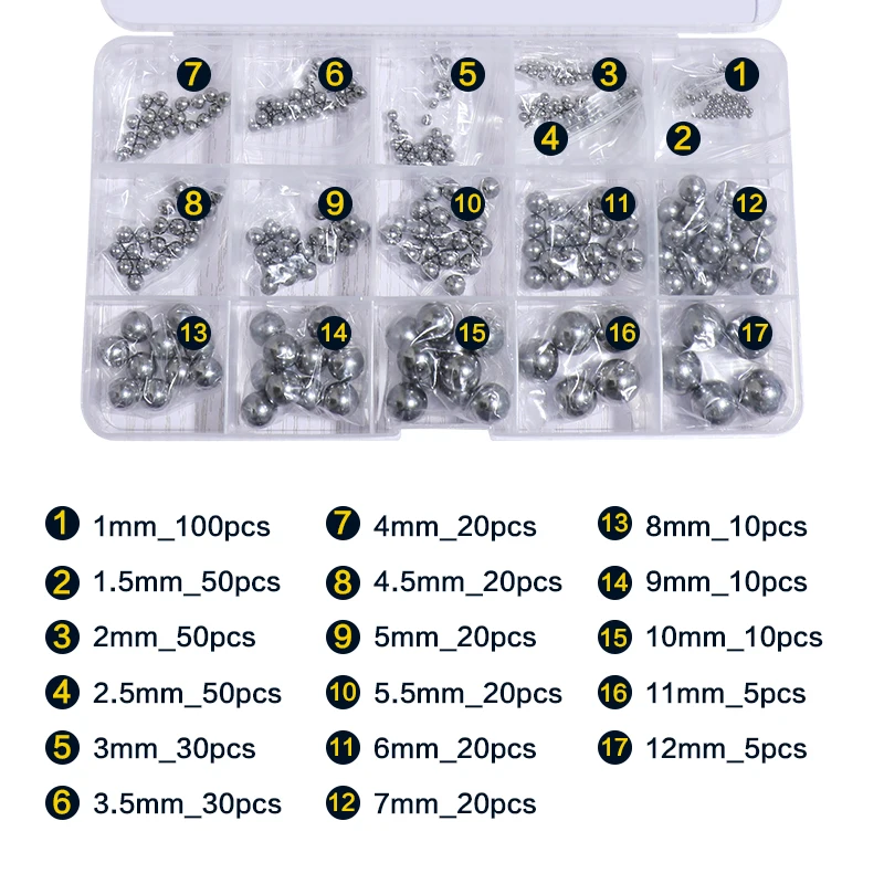 470pcs, Carbon Steel Ball, 17 Sizes 1-12mm Metric Precision Assorted Loose Bicycle Bearing Steel Ball Assortment Kit K