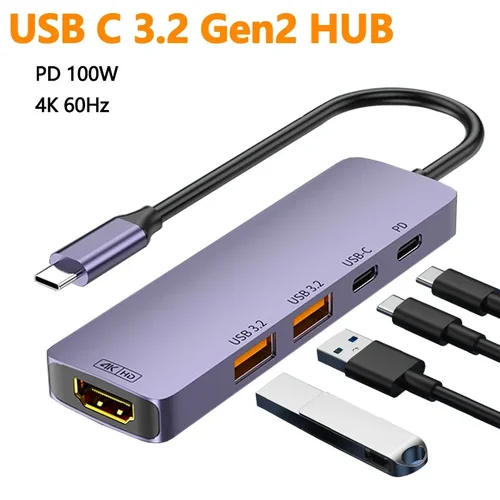 HUB USB C de 10Gbps, 4K, 60Hz, tipo C a HDMI, compatible con PD 100W, adaptador divisor USB para iPhone 15 Macbook Air Pro Samsung S23 24 Dex