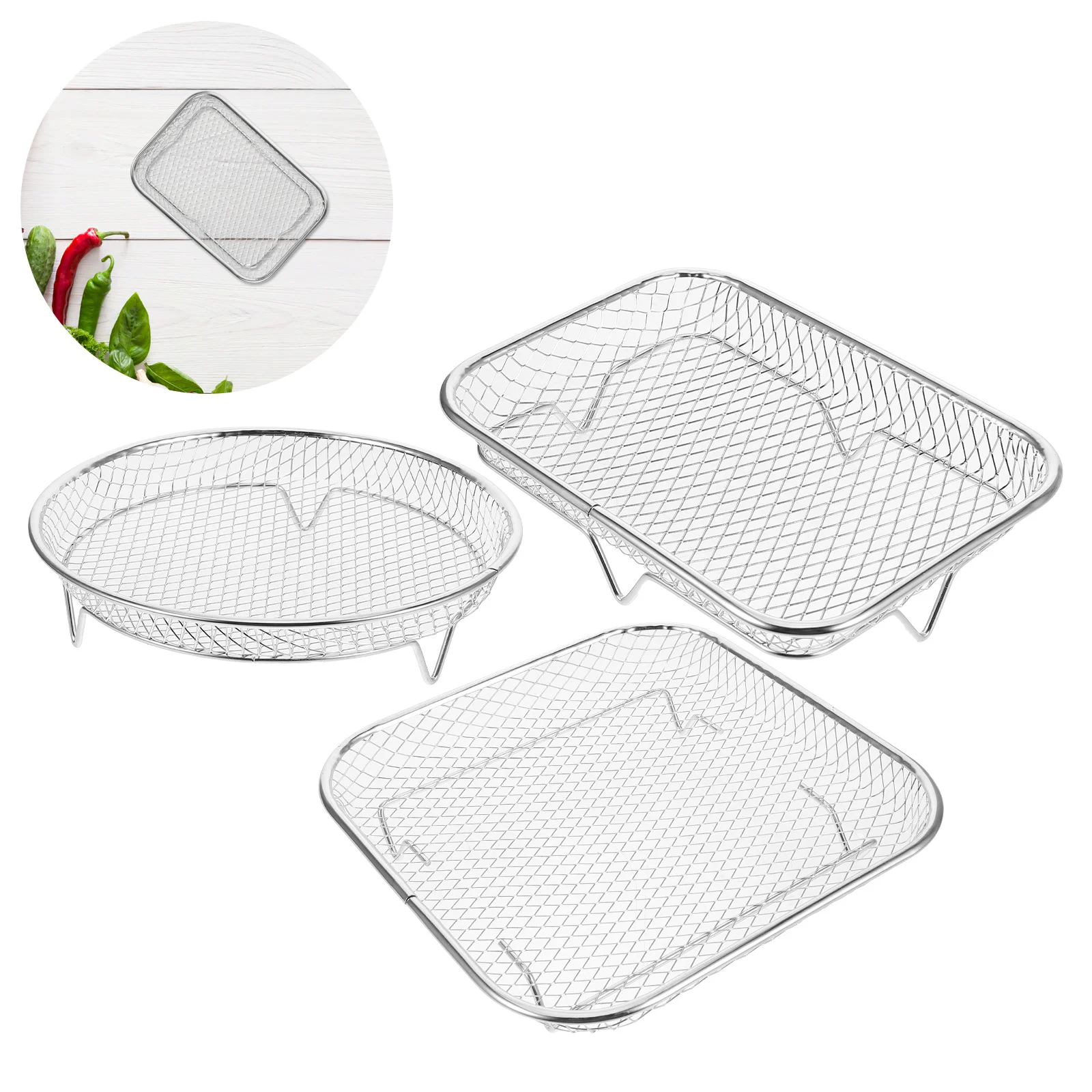

3pcs Stainless Steel Steaming Rack Round Square Rectangular Drain Basket For Kitchen Cooking Washing Fruits Vegetables