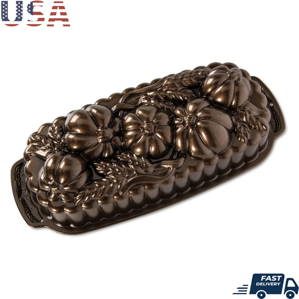 

Wheat Pumpkin Loaf Pan Non-Stick Cast Aluminum Baking Dish Scalloped Edging Quick Breads Cakes Oven Safe 400F Unique Design
