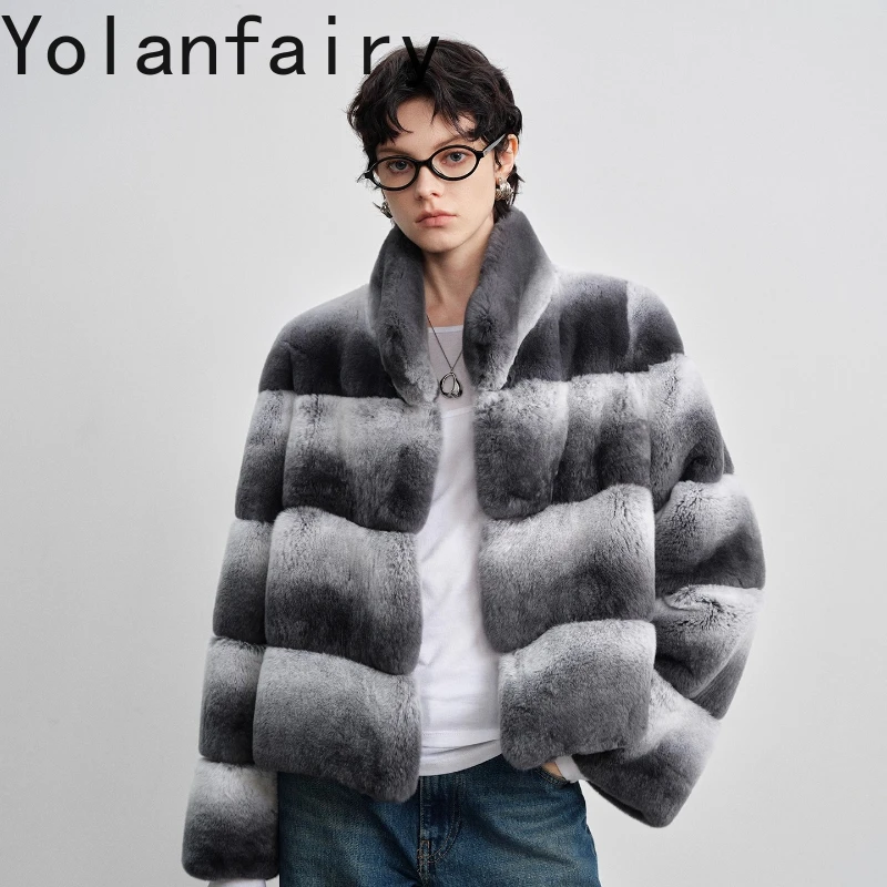 YOLANFAIRYchinchilla pelle di coniglio vera pelliccia collo cappotti donna inverno Pelliccia intera integrata manica lunga giacca di pelliccia stile semplice2025