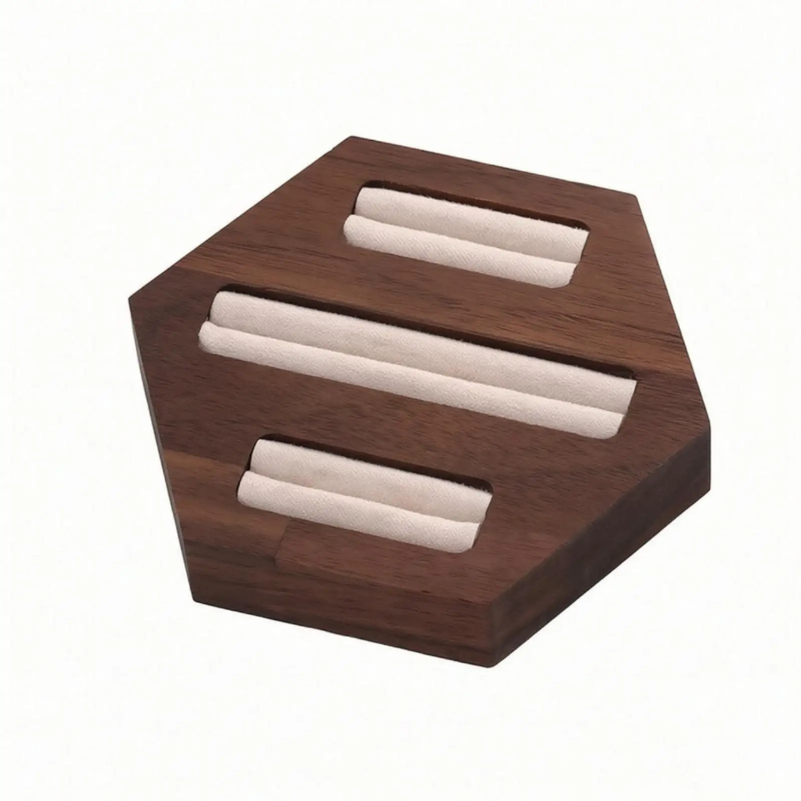 Walnut Ring Tray Display Stand Hexagonal Jewelry Organizer with Velvet Lining for Retail and Craft Fair