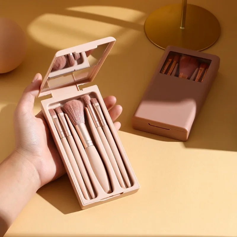5pcs Portable Cosmetic Brush Set With Mirror Box Multi-Functional Foundation Blusher Eyeshadow Brush Makeup Tool for Beginner
