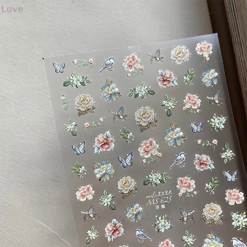 [L&P] Vintage Embroidery Peony Retro Chinese Flower King Chic Soft Relief Embossed Self Adhesive Nail Art Sticker Manicure