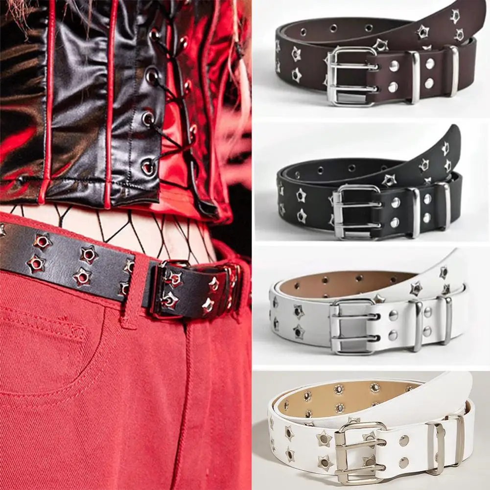 

NEW Star Eye Rivet Belt Double Row Hole Belt Punk Gothic Decorative PU Jeans Style Belt Hop Fashion Hip Waistband Leather L5Q6