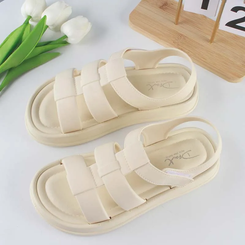 Women Fashion Summer PVC Sandals Hollowed Out Solid Color Flat Beach Shoes Casual Velcro Women\'s Shoes