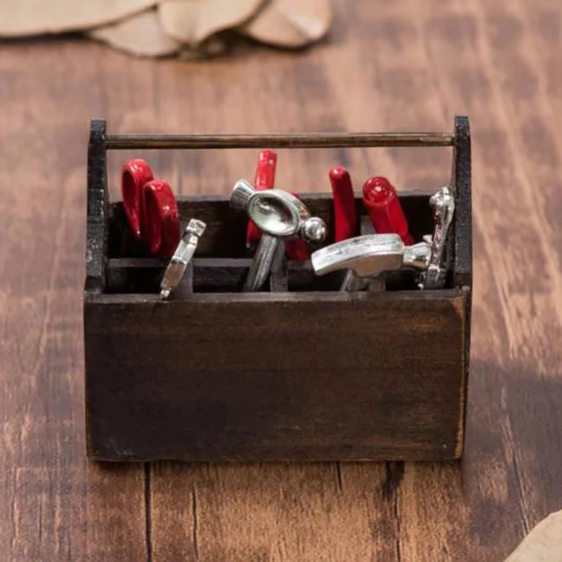 

1Set Photography Decoration Props 1: 12 Miniature Wooden Multifunctional Metal Toolbox Doll House Mini Tool Kit Ornament