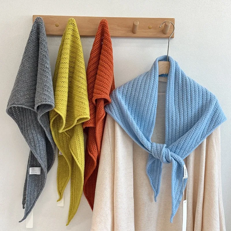 

Шерстяной вязаный ажурный шарф-косынка с крупным треугольным узором, осенне-зимний теплый воротник-шарф, вязаная накидка-жилет для женщин