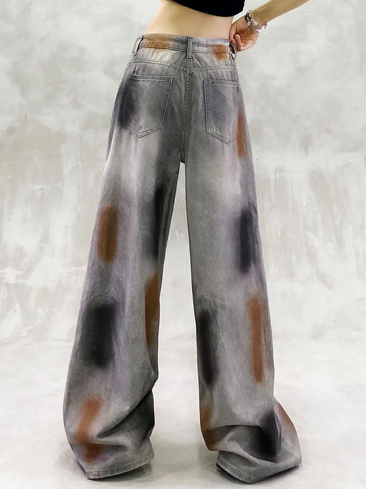 Jean déchiré délavé pour femmes, couleur bloquée, décontracté, taille haute, ample, amincissant, polyvalent, jambes droites, jambes larges, nouvelle collection été