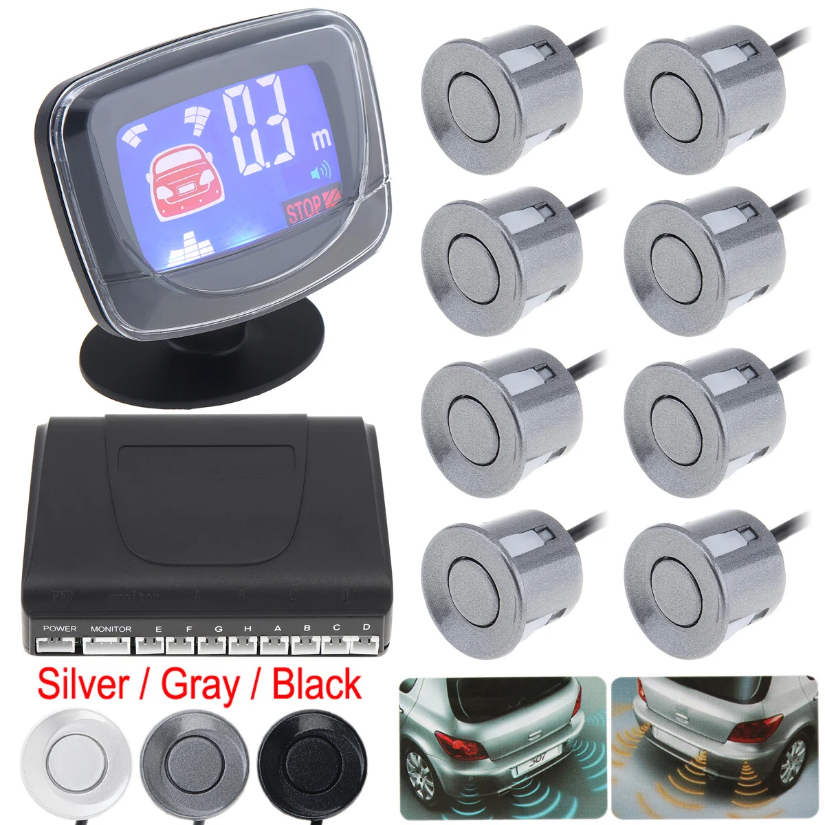 

8 Rear and Front View Car Parking Sensors With LCD Display Monitor 12V Auto Reverse Backup Parking Radar Monitor Detector System