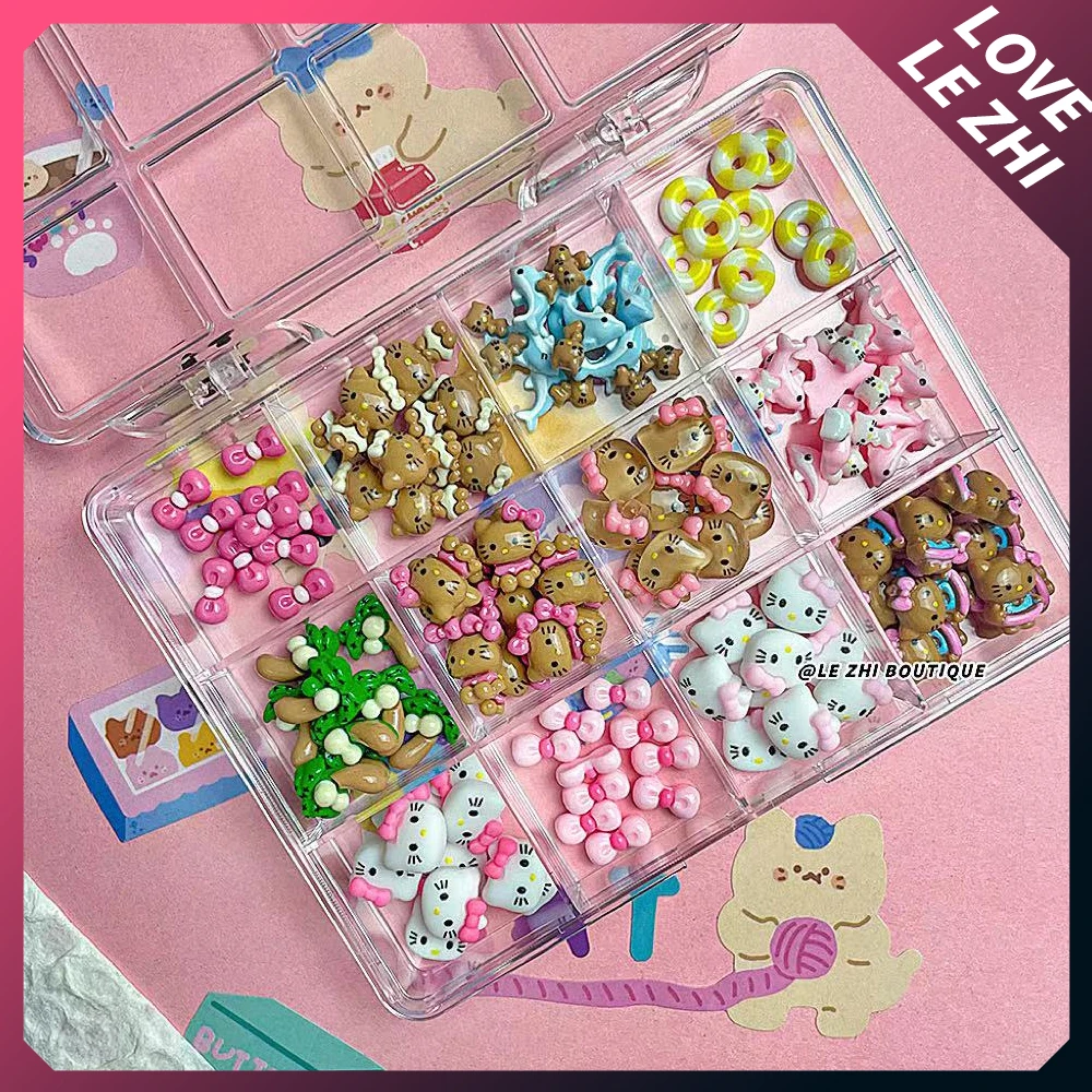 120Pcs Boxed Summer Ocean Beach Blue Hello Kitty Nails Art Charms Accessories Hawaii Black Skin Kt Dolphin Bow Resin Accessories