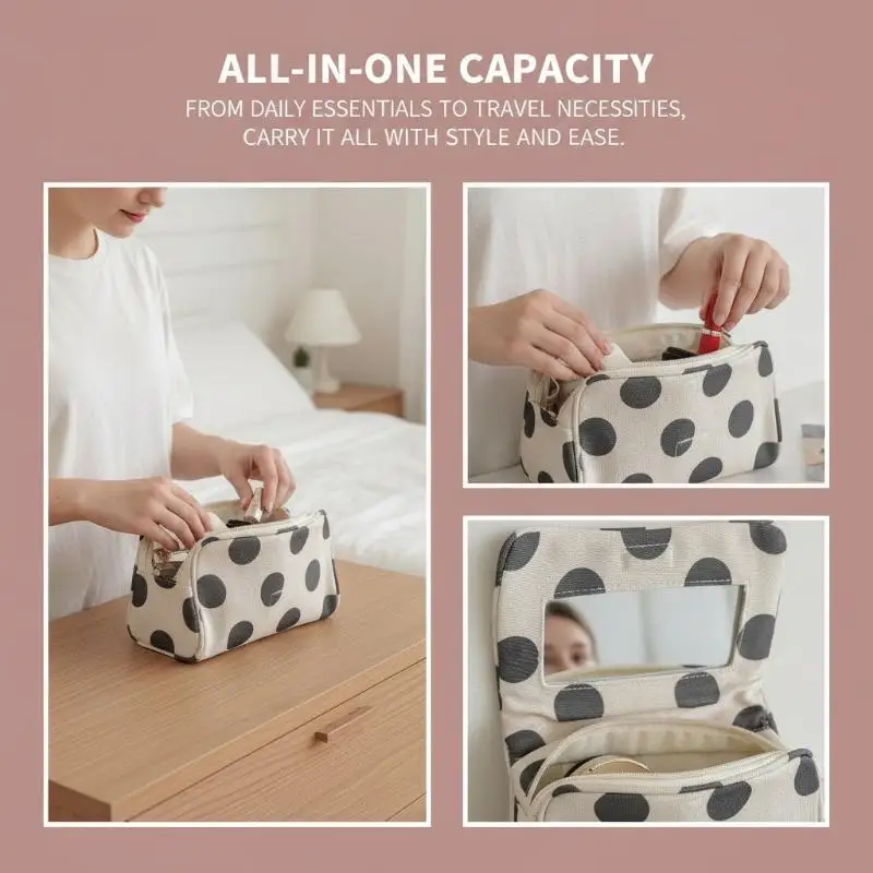 Große Kosmetiktasche mit Polka Dots und eingebautem Spiegel, tragbare, faltbare Reißverschluss-Make-up-Tasche, Reise-Schönheits-Aufbewahrungsorganizer für Frauen – Detail 4