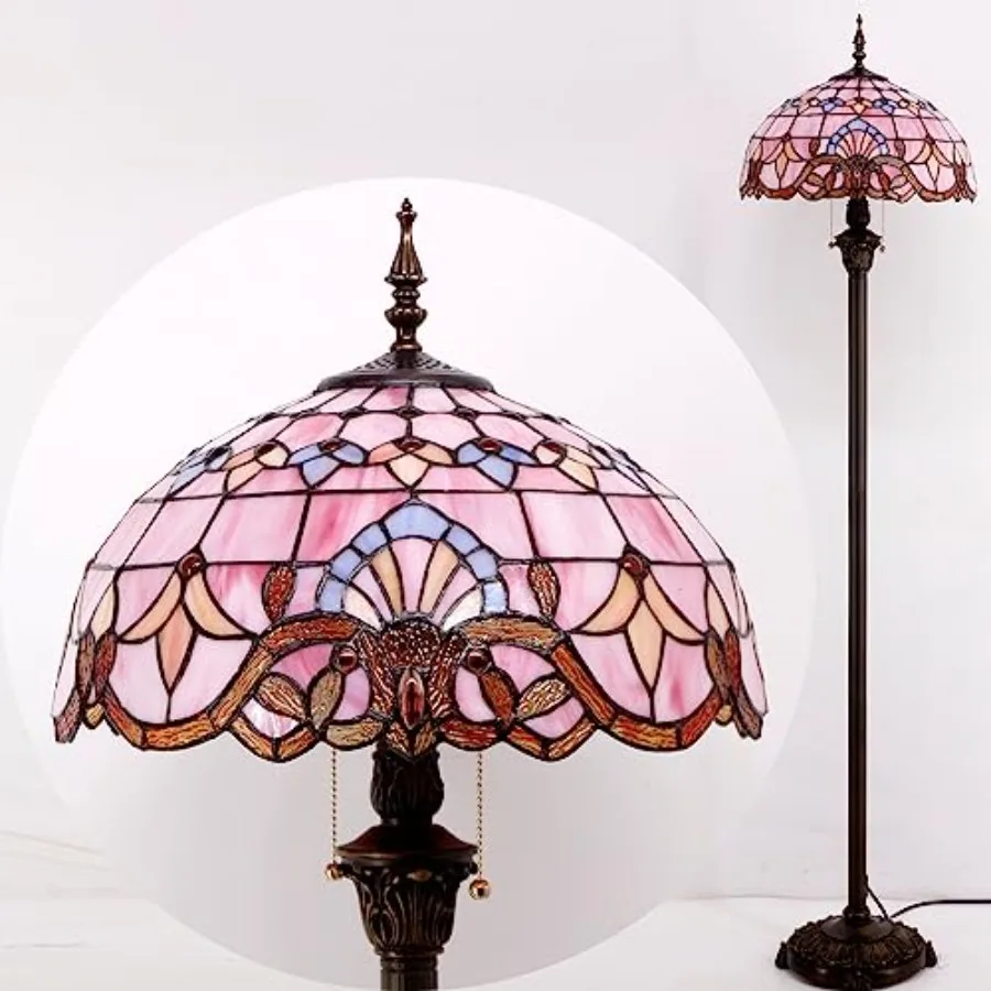 مصباح أرضي وردي باروكي من الزجاج الملون ضوء قراءة قائم 16X16X64 بوصة مصباح زاوية عمود عتيق ديكور لغرفة النوم