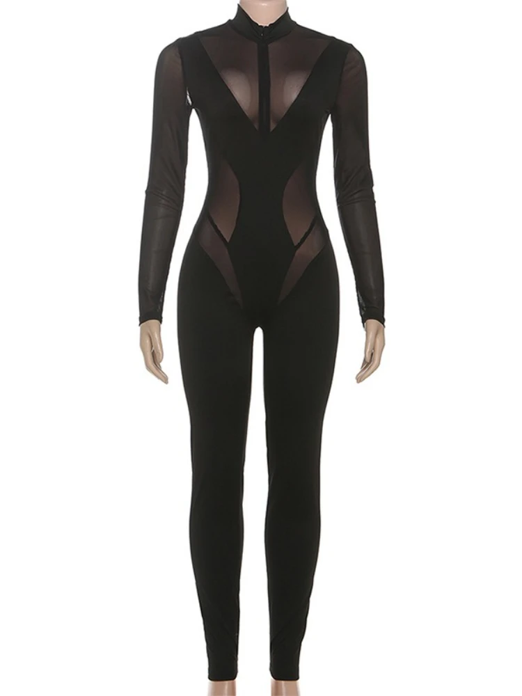 FDYOUI Donna Vestiti Maglia Patchwork Tute nere 2025 Autunno Donna Manica lunga Trasparente Body da festa Night Club Outfit