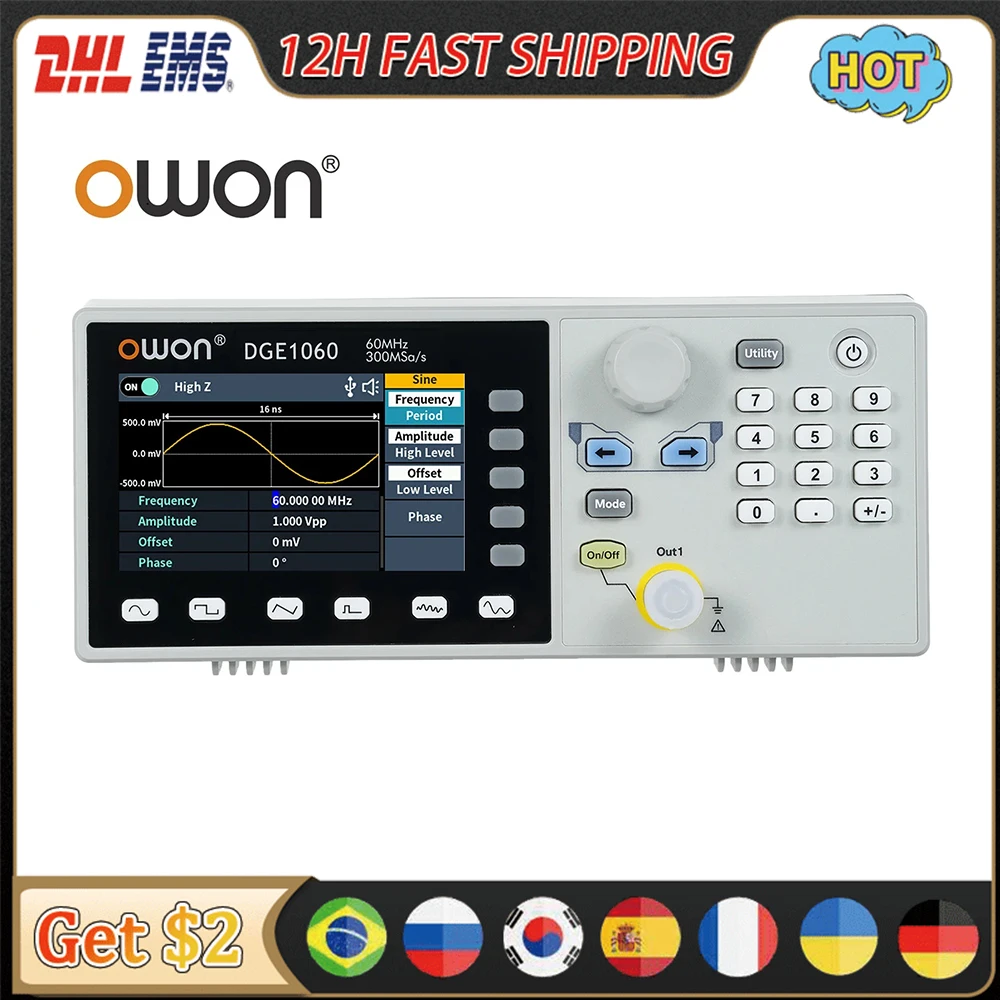 OWON DGE1060 Arbitrary Waveform Signal Generator Single Channel 60MHz 1CH 3.6-inch Desktop 14 bit Supports SCPI labview function