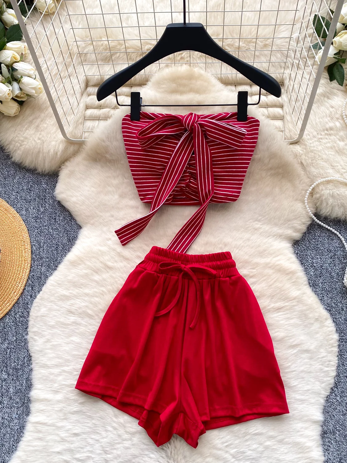 

Red Striped Neck Hanging Vest Set Women's Summer Lazy Two-Piece Slimming Fashionable Commute Style High Waist Knot