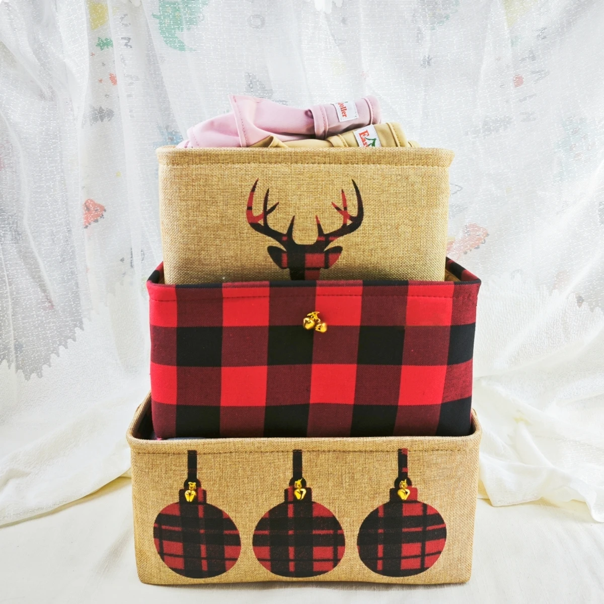 3 Pcs Collapsible Storage Basket Cute Christmas Elk Fabric Organizer Collection Bin Box for Pet Cat Dog Toy Supplies