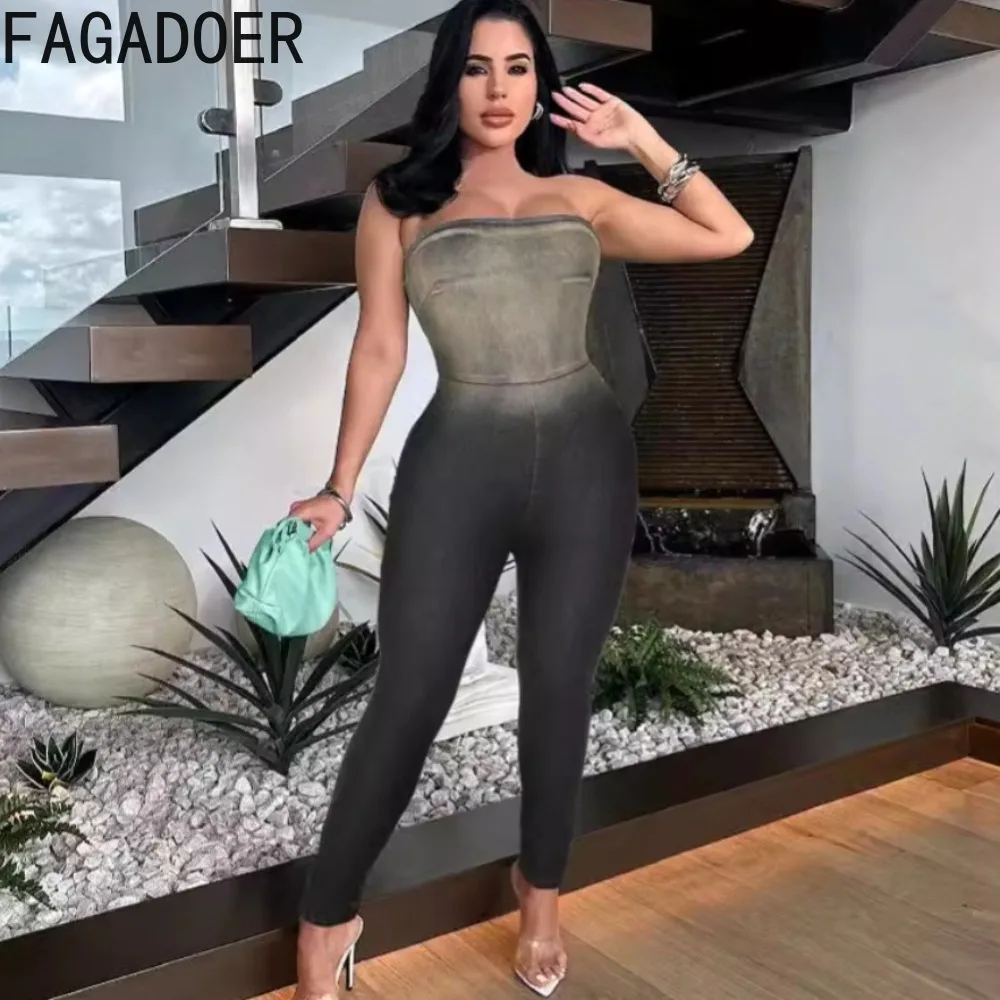 FAGADOER INS Trendy 2024 Tie Dye Gradient High Stretchy Denim Jumpsuits Women Strapless Backless Sexy Bodycon Playsuits Overalls