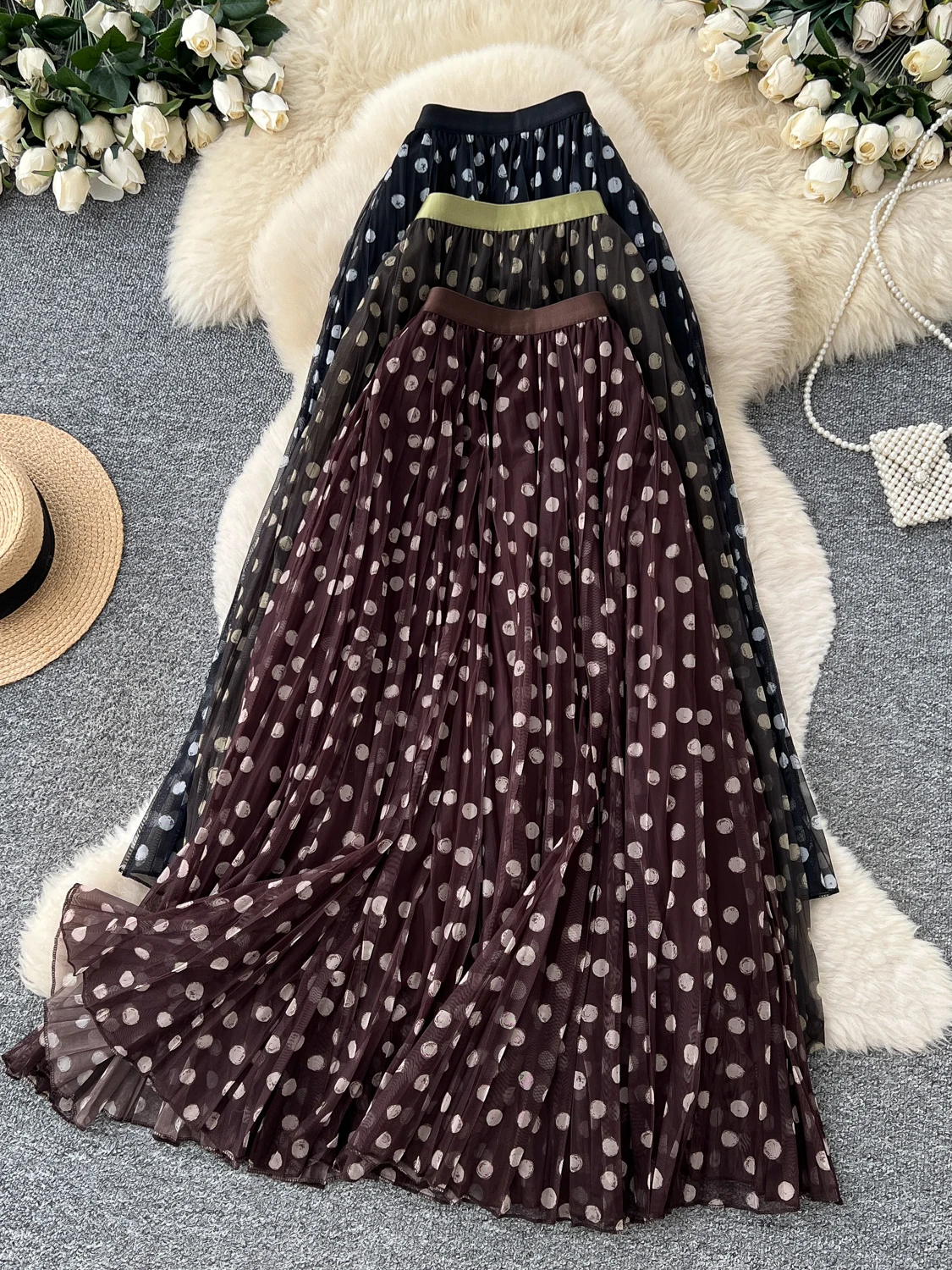 Retro Polka Dot A-Line Midi Skirt Women's High Waist Slimming Commute Versatile Patchwork Mid-Length Skirt Women's Autumn Wear