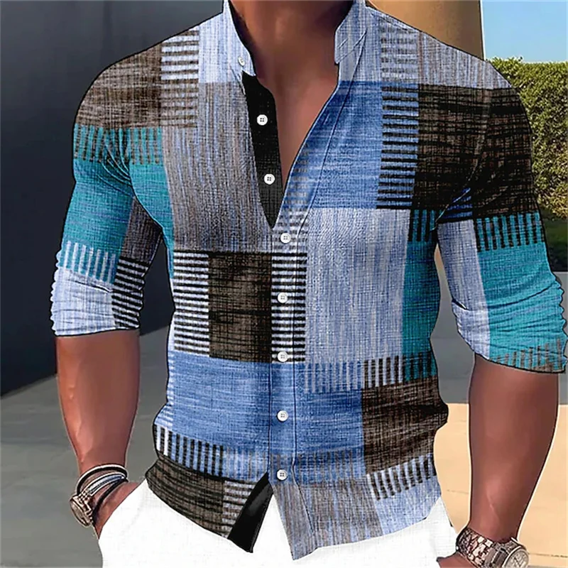 Camisa de manga comprida estampada geométrica para homens, gola em pé, streetwear ao ar livre, roupas casuais, moda, street designer, 2022