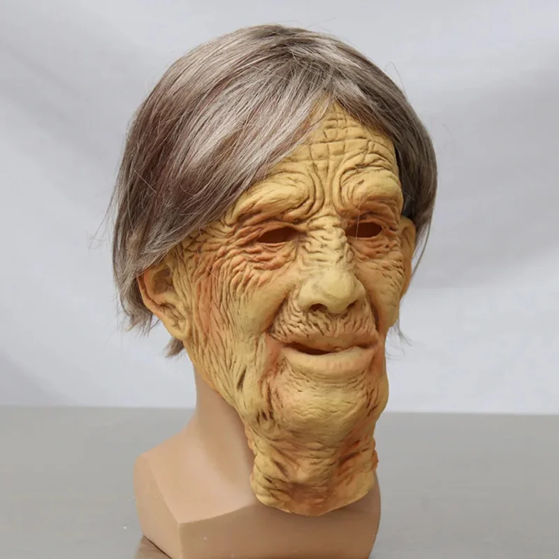 qq78Request7Halloween White-haired Old Lady Latex Rave Party Scary Witch Mask Lifelike Grandma Cosplay Costume Prop