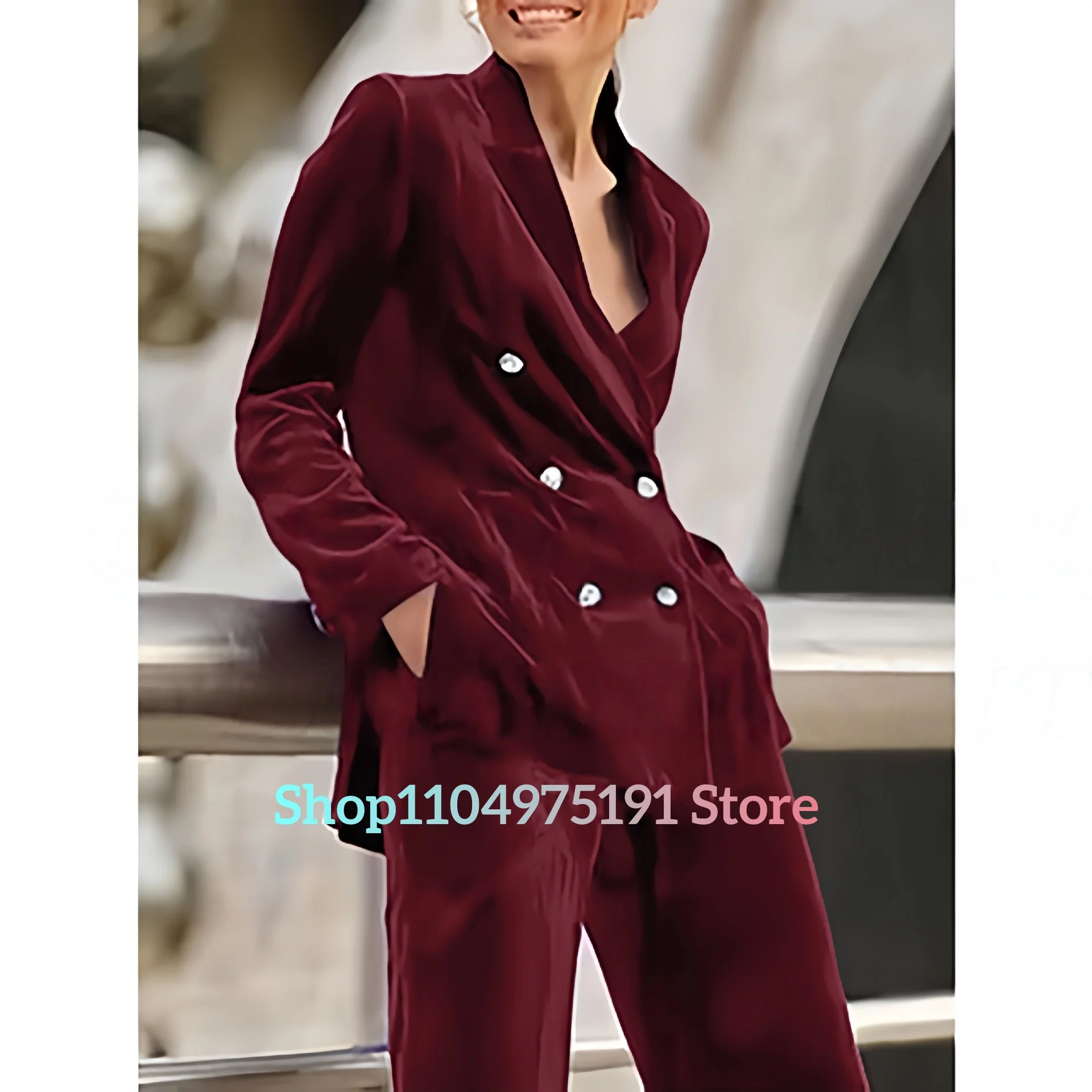 Dames fluwelen blazerset met dubbele rij knopen Retro elegante losse casual mode jas en broek tweedelige set. Beroemdheidsjurken.