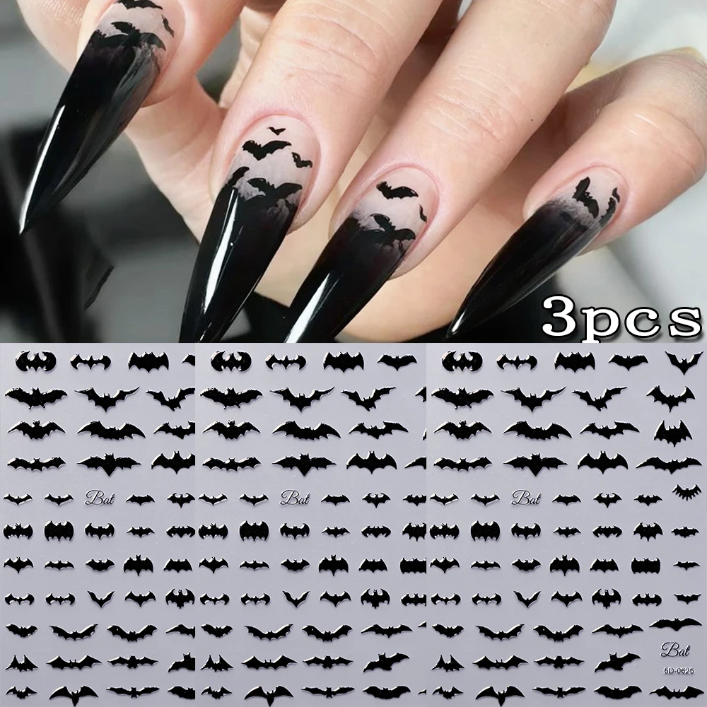 3/1Pcs 5D Embossied Black Bat Halloween Nail Stickers Mixed Size Delicate Gothic Vibe Pattern Adhesive Nail Decal Nail Sliders**