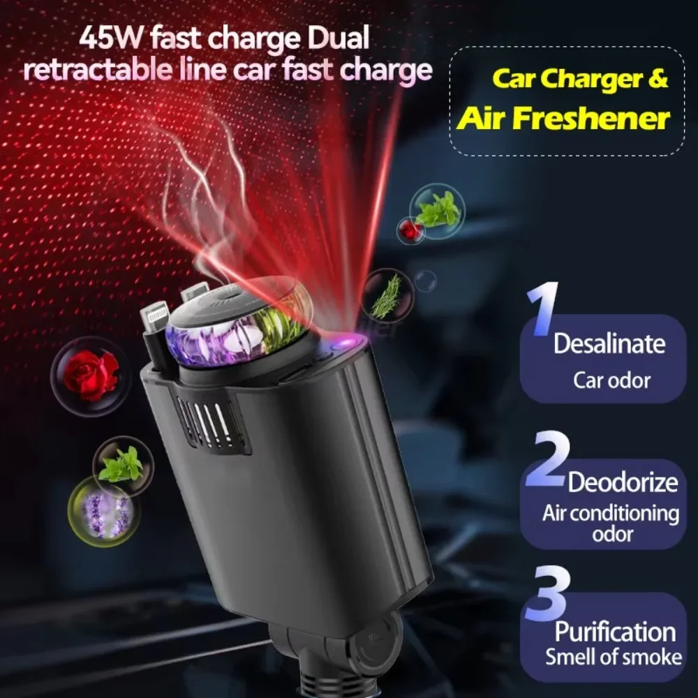 45W 5 in 1 Aroma Starlight Car Charger with Retractable Cable& Air Freshner USB/Type C PD3.0 Car Phone Faster Charger