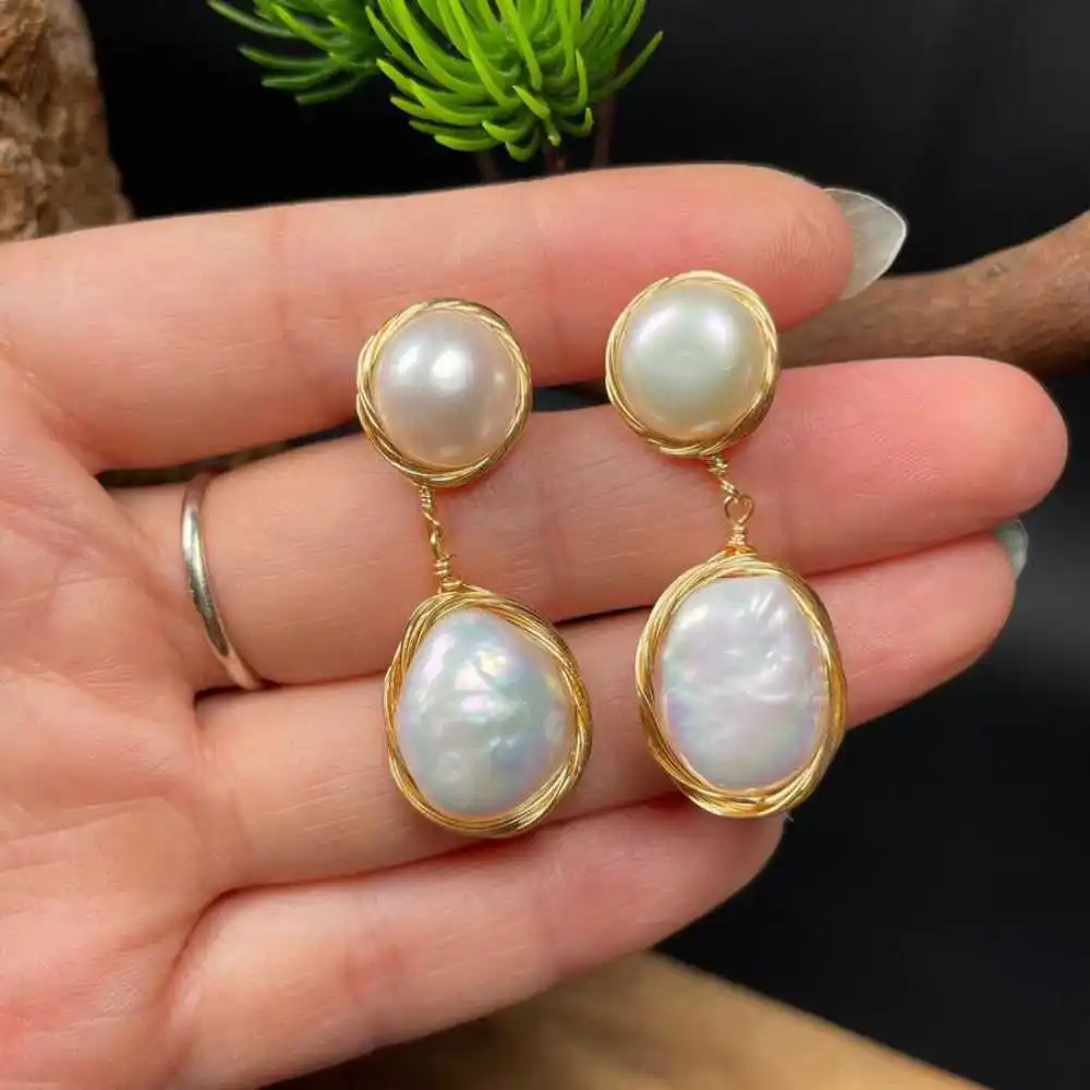 Natural White Baroque Pearl Wrapped Earring Pendant Classic Beautiful Freshwater Hook Fashion