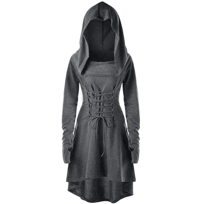 

Vintage Womens Cosplay Medieval Renaissance Archer Costumes Hooded Robe Lace Up Pullover Long Hoodie Dress Cloak Halloween Party