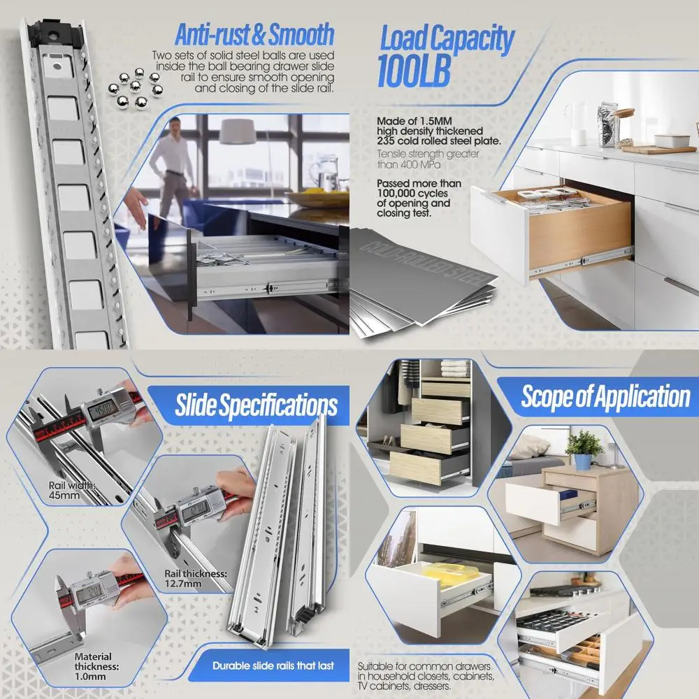 

10 пар усиленных направляющих с шарикоподшипниками для выдвижных ящиков 8-24 дюйма, нагрузка до 100 фунтов, боковое крепление, серебристые металлические направляющие для шкафов K