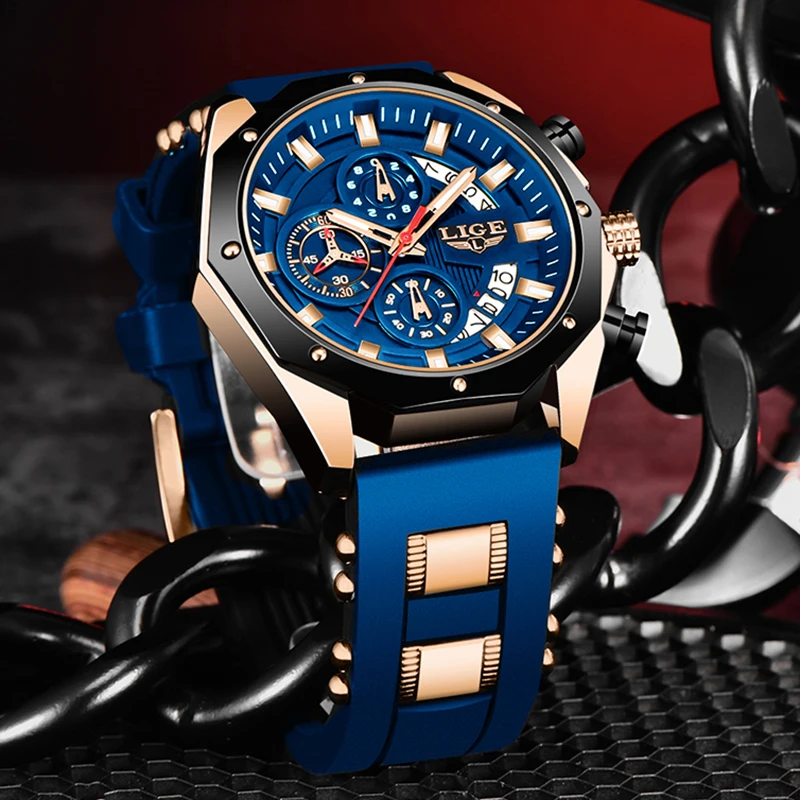 Lige mode herren uhren top marke luxus silikon sport uhr herren quarz datum uhr wasserdicht armbanduhr chronograph uhr mann