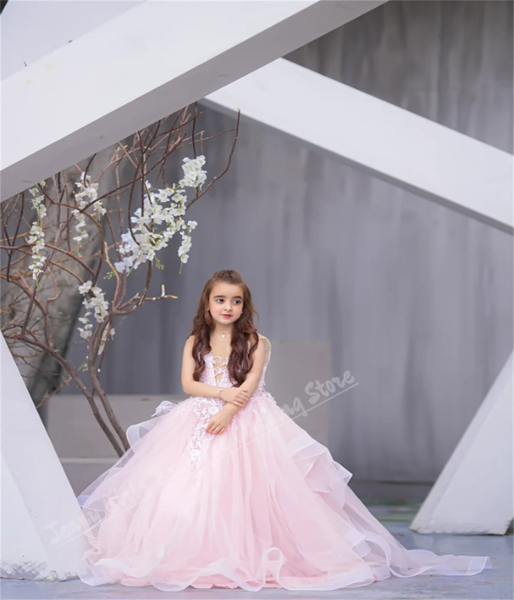 Girls Wedding Party Pink Dresses Transparent Crew Neck Sleeveless Trailing Children's First Communion Birthday Photography
