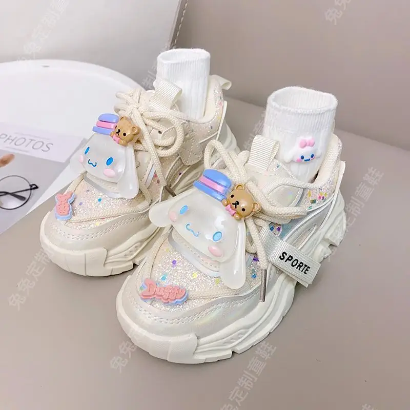 Anime Kawaii Sanrios My Melody Cinnamoroll Kuromi Kids Sneakers Cartoon Cute Luminous Daddy Shoes Girl Velvet Running Shoes Gift