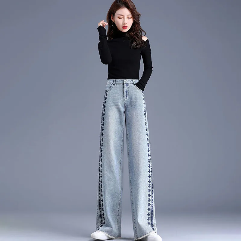 Women's Embroidered Jeans, Spring Autumn New Loose Wide-leg Denim Trousers, Fashion Female Casual Straight-leg Jeans Light Blue