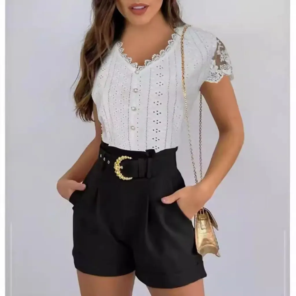 Wish Solid Color Lace V-Neck Short Sleeve T-Shirt European American Fashion Top for Women