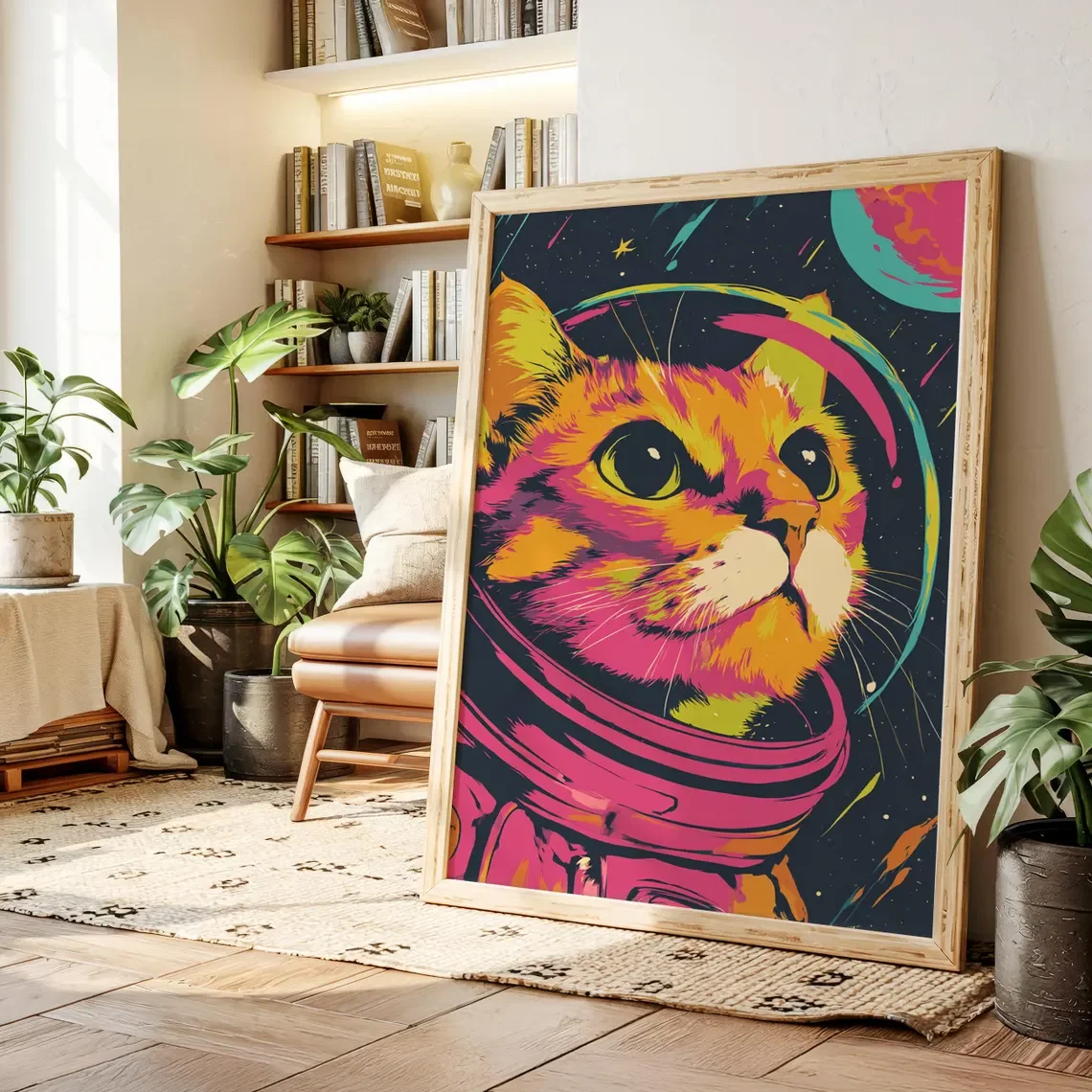 Leinwand-Wandkunst mit Astronauten-Katze, farbenfrohes Weltraumkatzen-Kunstwerk, Neon-Pop-Art-Katze im Raumanzug, futuristische Galaxie-Tier-Wanddekoration