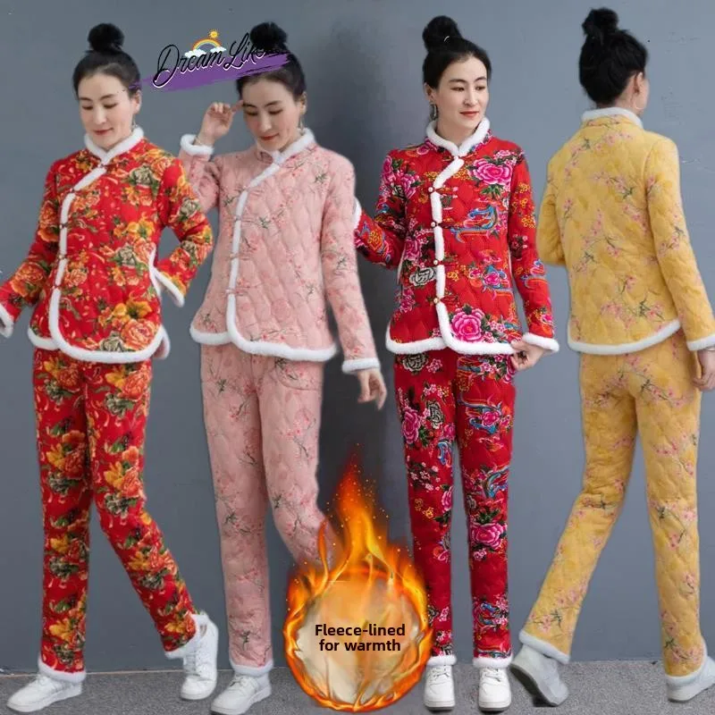 

Women's Winter Thiened Fce Lined Floral Cotton Suit Pants Set Ethnic Sle Print Casual Comfortable Fit Cottonwear