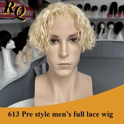 Pre Style Blonde 613 Color Full Lace Wig For Men Toupee Hairpiece Male Wigs Hair System Replacement Full Lace Hair Prothesis