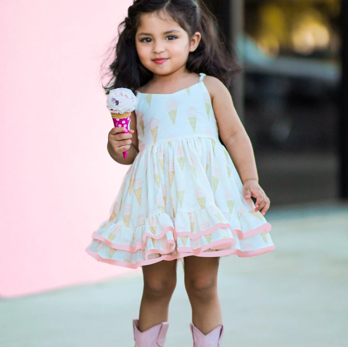 Little Girls Cute Ice Cream Print Cami Dress For Spring Summer