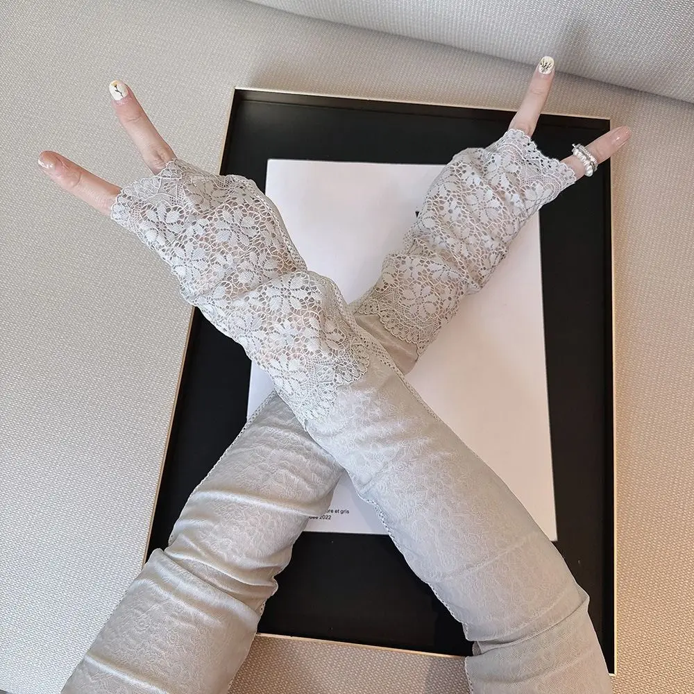 Nuevo Mangas de protección solar de seda de hielo, mangas de protección solar elásticas de encaje, manga larga transpirable sin dedos para ciclismo