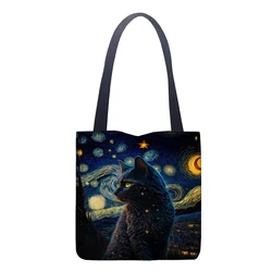 Van Gogh Starry Sky Cat Tote Bag Girls Pacakge Hand Bag Women Eco Reusable Shoulder Shopper Bags Shopping Bag