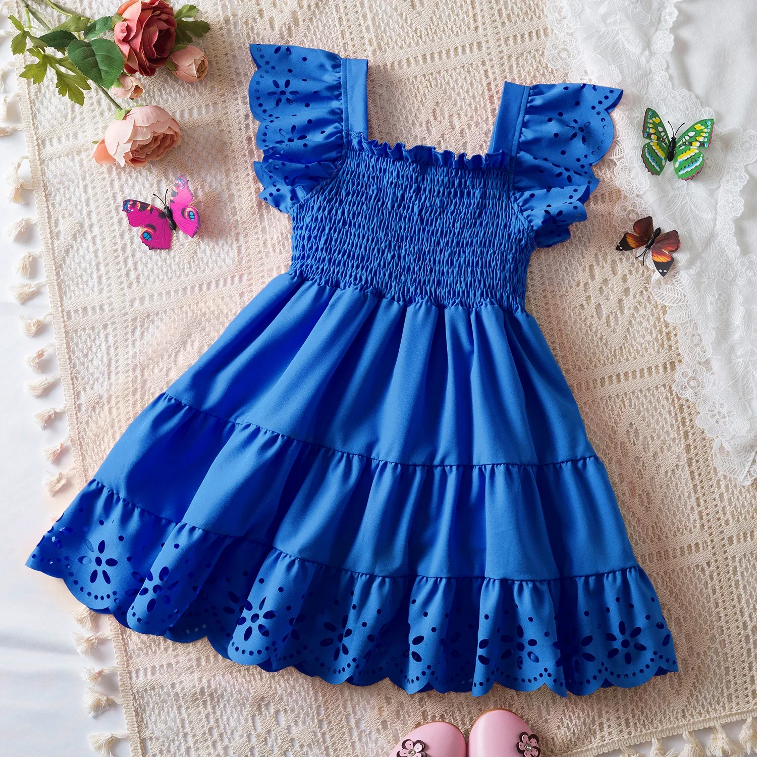 Cute Baby Girls Dress Summer New Girls\' Clothing Ruffle Sleevele Princess Frocks Hollow Out Fashion Birthday Party Kids Dresses