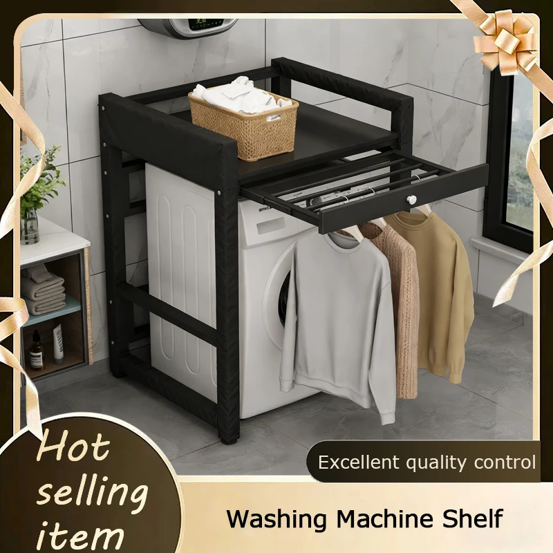 2 Tier Hidden Retractable Washing Machine Storage Rack Pull Out Drying Rod Built In Slide Rail For Bathroom Balcony Corner