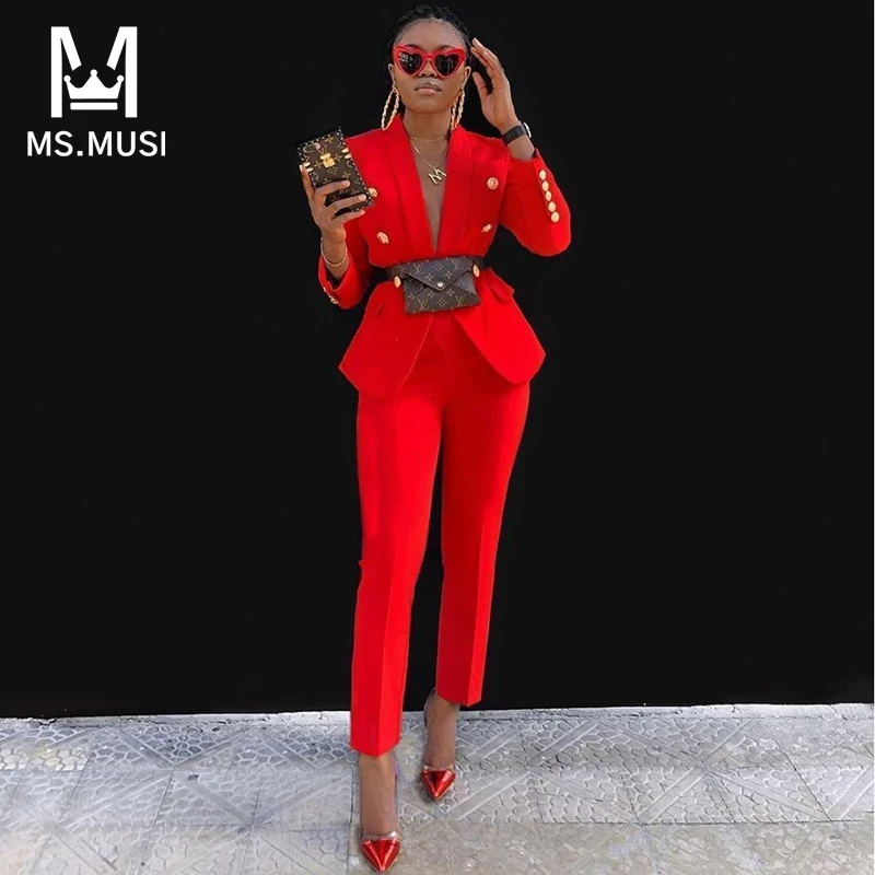 

MSMUSI 2023 New Women Sexy Solid Two Piece Set Bodycon Turn Down Collar Button Long Sleeve Blazer Top Pencil Long Pant Set Suit