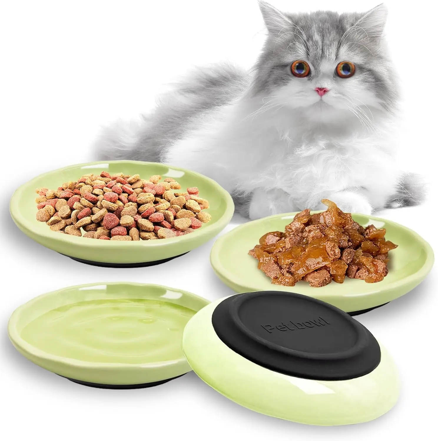 4 Pcs Cat Food Bowls Ceramic Shallow Kitten Dishes Non-Slip Silicone Bottom Whisker Friendly Cat Bowl Set, Pet Dry/Wet Fo
