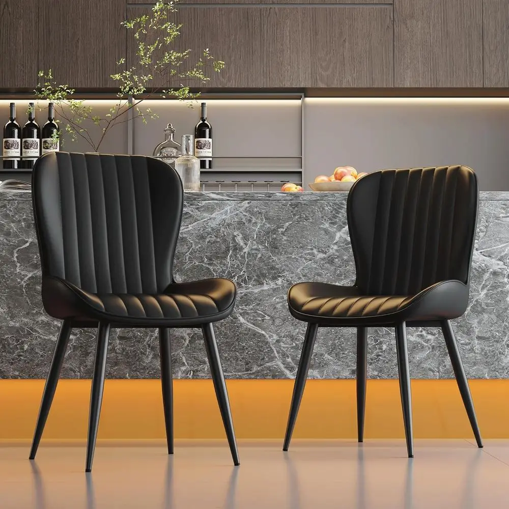

Pair of Black Leather Upholstered Dining Chairs with Metal Legs for Kitchen and Restaurant Use