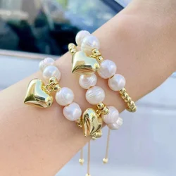 KKBEAD Heart Charm Bracelet Gold Plated Natural Freshwater Pearl Bracelets for Women Pulseras Jewelry Gifts