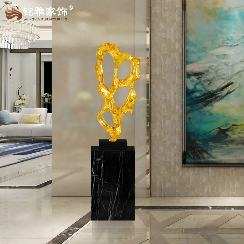 

Large abstract sculpture marble base home decoration yellow white resin sculpture